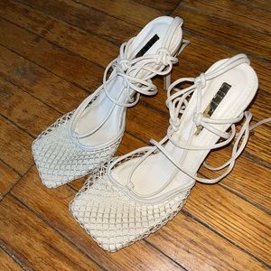 Fishnet cream caged wrap heels